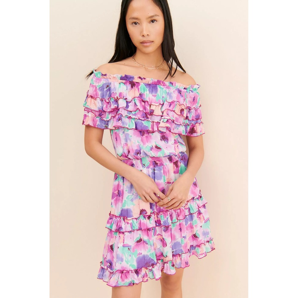 BTFL-Life Off-the-Shoulder Floral Mini Dress Purple Pink Ruffle Smocked Large